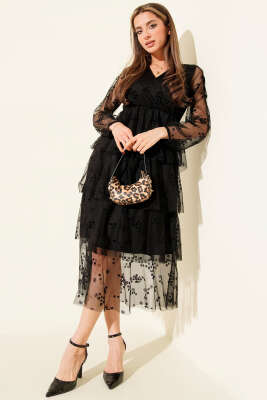 Kat Kat Tüllü Midi Elbise Siyah - Kadın Giyim Modelleri