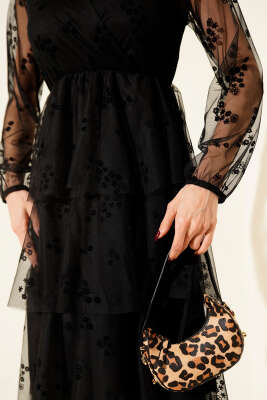 Kat Kat Tüllü Midi Elbise Siyah - Kadın Giyim Modelleri