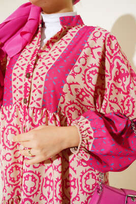 Kat Kat Yarım Düğmeli Elbise Fuşya - Tesettür Elbise