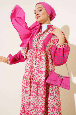 Kat Kat Yarım Düğmeli Elbise Fuşya - Tesettür Elbise