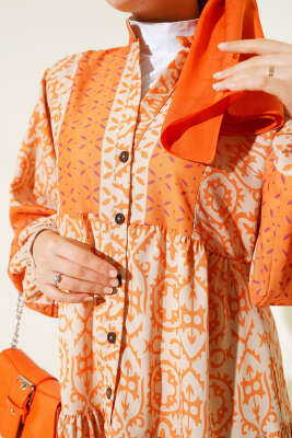 Kat Kat Yarım Düğmeli Elbise Hardal - Tesettür Elbise