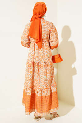 Kat Kat Yarım Düğmeli Elbise Hardal - Tesettür Elbise