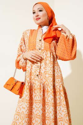 Kat Kat Yarım Düğmeli Elbise Hardal - Tesettür Elbise