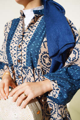 Kat Kat Yarım Düğmeli Elbise Lacivert - Tesettür Elbise