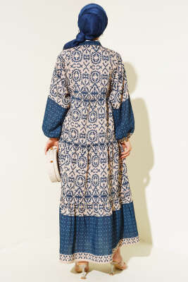 Kat Kat Yarım Düğmeli Elbise Lacivert - Tesettür Elbise