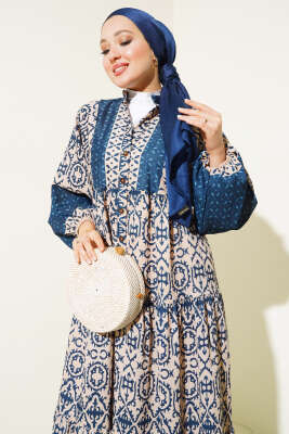 Kat Kat Yarım Düğmeli Elbise Lacivert - Tesettür Elbise