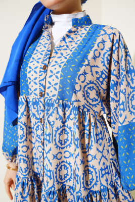 Kat Kat Yarım Düğmeli Elbise Saks - Tesettür Elbise