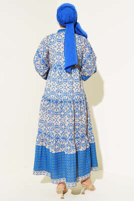 Kat Kat Yarım Düğmeli Elbise Saks - Tesettür Elbise