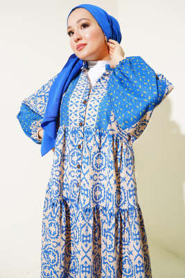 Kat Kat Yarım Düğmeli Elbise Saks - Tesettür Elbise