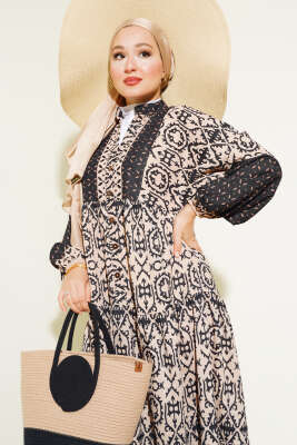 Kat Kat Yarım Düğmeli Elbise Siyah - Tesettür Elbise