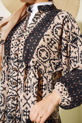 Kat Kat Yarım Düğmeli Elbise Siyah - Tesettür Elbise