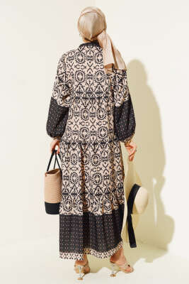 Kat Kat Yarım Düğmeli Elbise Siyah - Tesettür Elbise