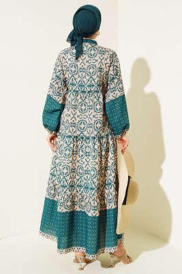 Kat Kat Yarım Düğmeli Elbise Zümrüt - Tesettür Elbise