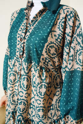 Kat Kat Yarım Düğmeli Elbise Zümrüt - Tesettür Elbise