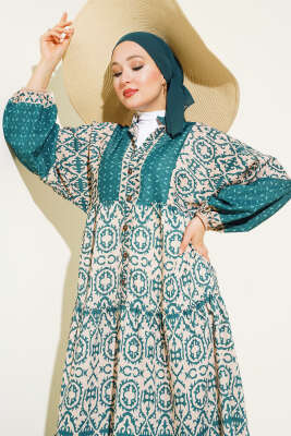 Kat Kat Yarım Düğmeli Elbise Zümrüt - Tesettür Elbise