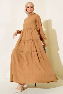 Kat Katlı Krinkıl Elbise Camel 