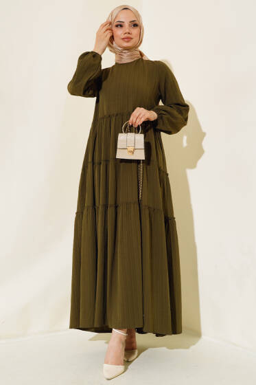 Kat Katlı Krinkıl Elbise Haki - Elbise