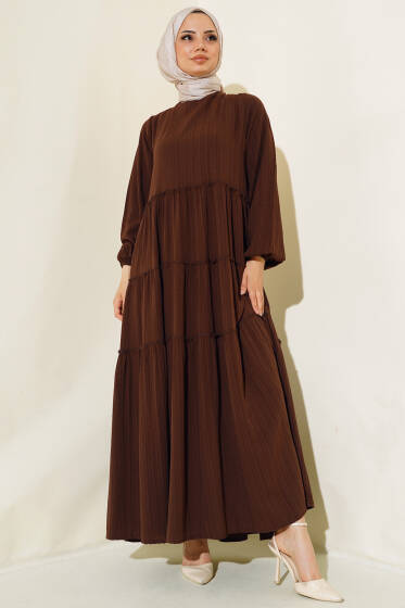 Kat Katlı Krinkıl Elbise Kahve - Elbise