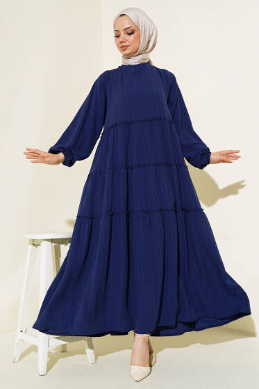 Kat Katlı Krinkıl Elbise Lacivert - Elbise