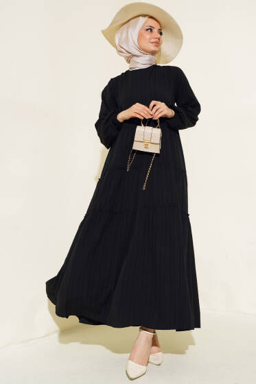 Kat Katlı Krinkıl Elbise Siyah - Elbise