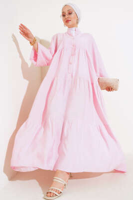 Kat Yarım Düğmeli Elbise Pembe - Tesettür Elbise