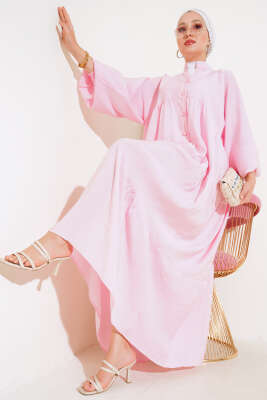 Kat Yarım Düğmeli Elbise Pembe - Tesettür Elbise