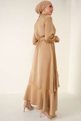 Katkat Fırfırlı Saten Elbise Camel - Thumbnail