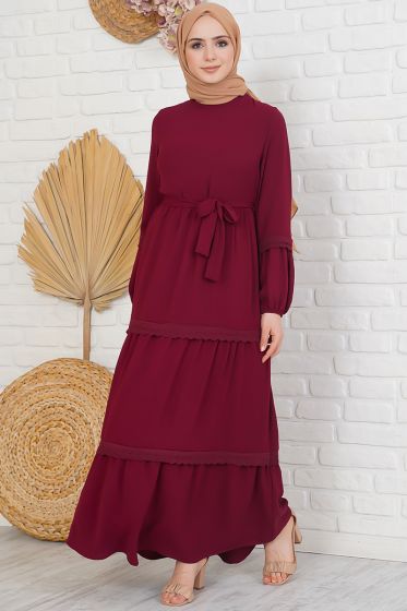 Katları Dantel İşlemeli Bordo Elbise - Tesettür Elbise