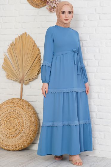 Katları Dantel İşlemeli İndigo Elbise - Tesettür Elbise