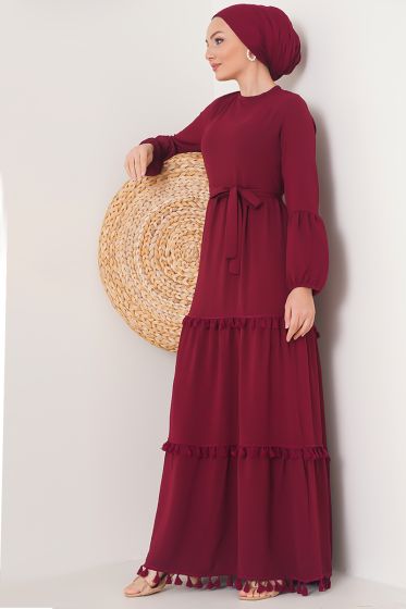 Katları Püskül Detaylı Bordo Elbise - Tesettür Elbise