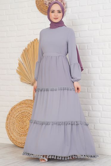 Katları Püskül Detaylı Gri Elbise - Tesettür Elbise