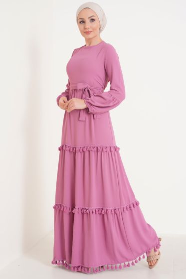 Katları Püskül Detaylı Gül Kurusu Elbise - Tesettür Elbise