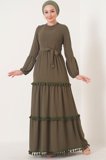 Katları Püskül Detaylı Haki Elbise - Tesettür Elbise