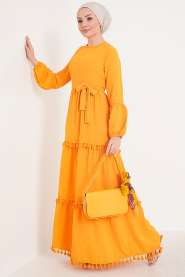Katları Püskül Detaylı Hardal Elbise - Tesettür Elbise