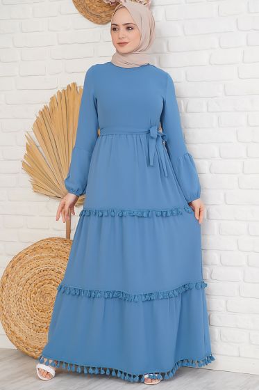 Katları Püskül Detaylı İndigo Elbise - Tesettür Elbise