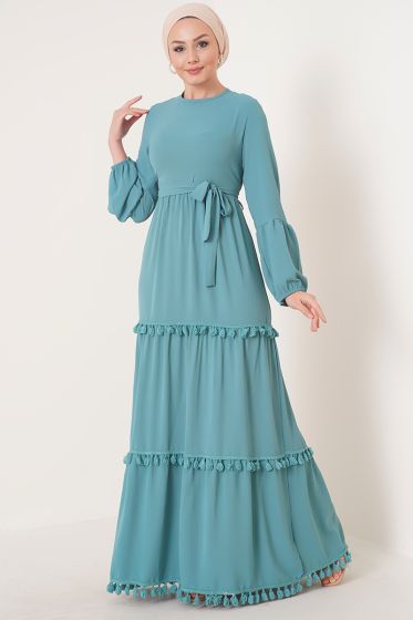 Katları Püskül Detaylı Mint Yeşili Elbise - Tesettür Elbise