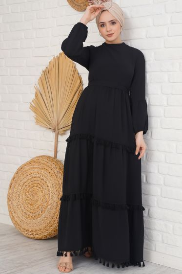 Katları Püskül Detaylı Siyah Elbise - Tesettür Elbise