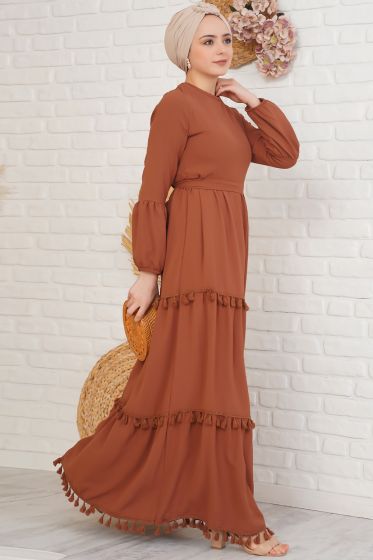 Katları Püskül Detaylı Taba Elbise - Tesettür Elbise