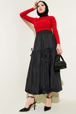 Katlı Balon Çingene Etek Siyah - Uzun Etek