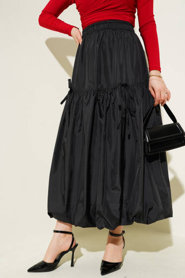 Katlı Balon Çingene Etek Siyah - Uzun Etek