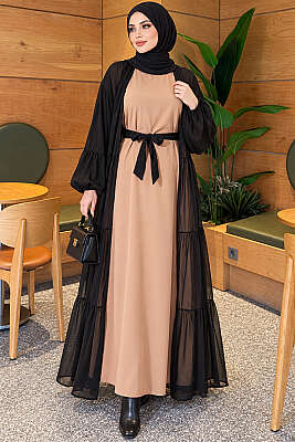 Katlı İkili Abaya Takım Bej 