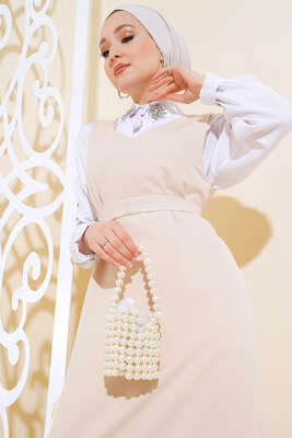 Katlı Jile Elbise Bej - Tesettür Elbise