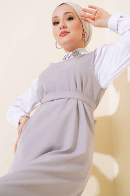 Katlı Jile Elbise Gri - Tesettür Elbise