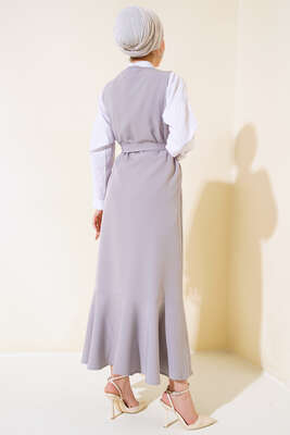 Katlı Jile Elbise Gri - Tesettür Elbise