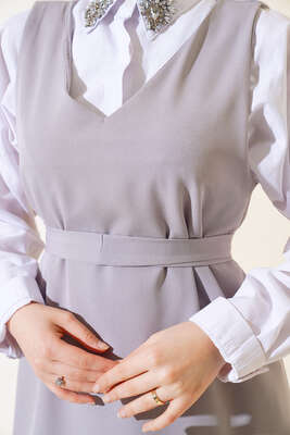 Katlı Jile Elbise Gri - Tesettür Elbise