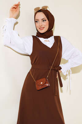 Katlı Jile Elbise Kahve - Tesettür Elbise