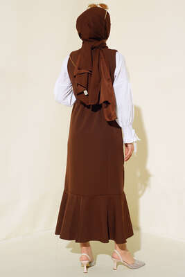 Katlı Jile Elbise Kahve - Tesettür Elbise