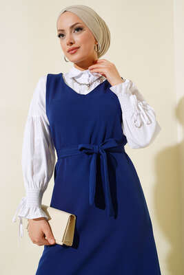 Katlı Jile Elbise Lacivert - Tesettür Elbise