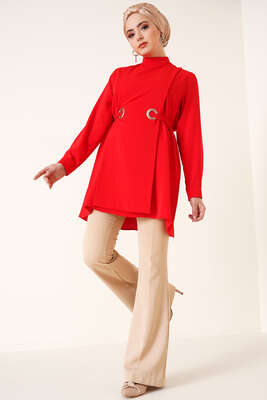 Katlı Kuşgözlü Tunik Kırmızı - Tunik