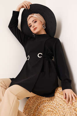 Katlı Kuşgözlü Tunik Siyah 